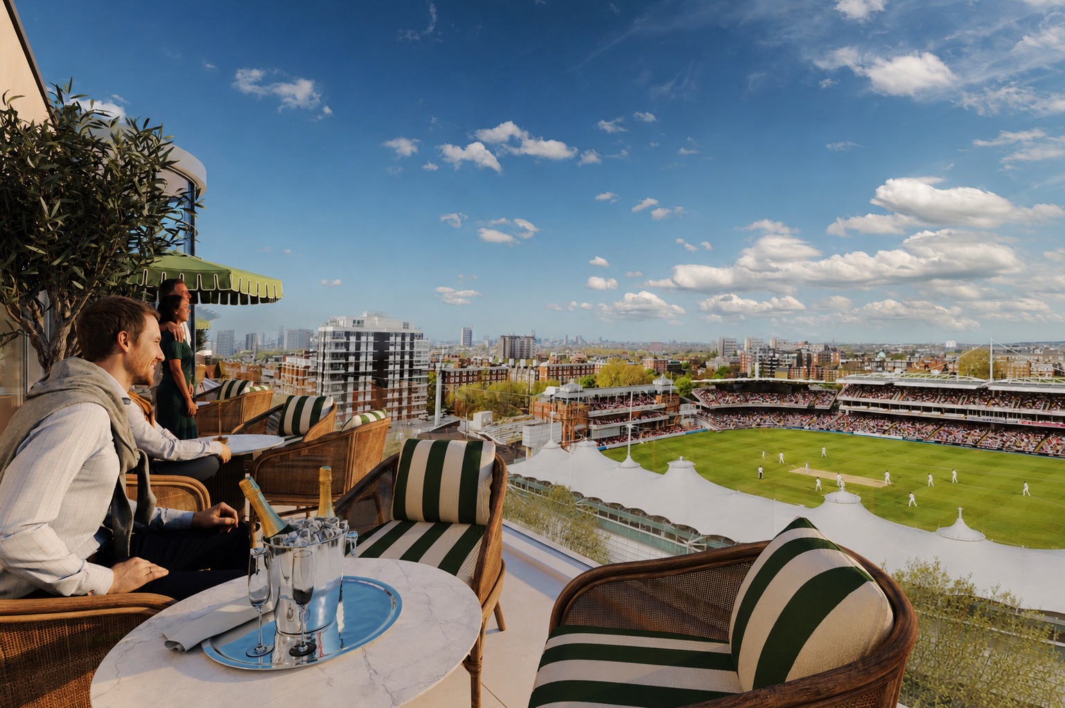 An afternoon on the balcony with the cricket ground beyond