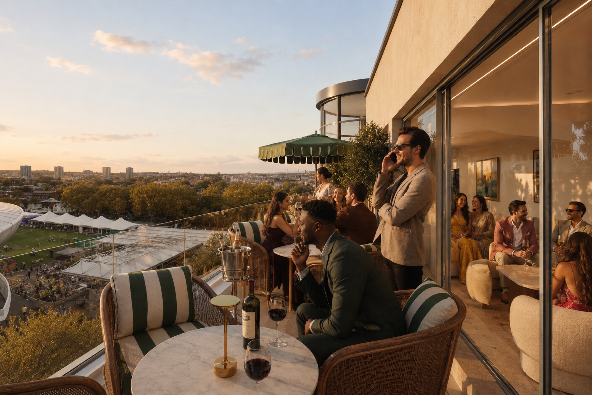 Guests entertaining on the terrace at golden hour